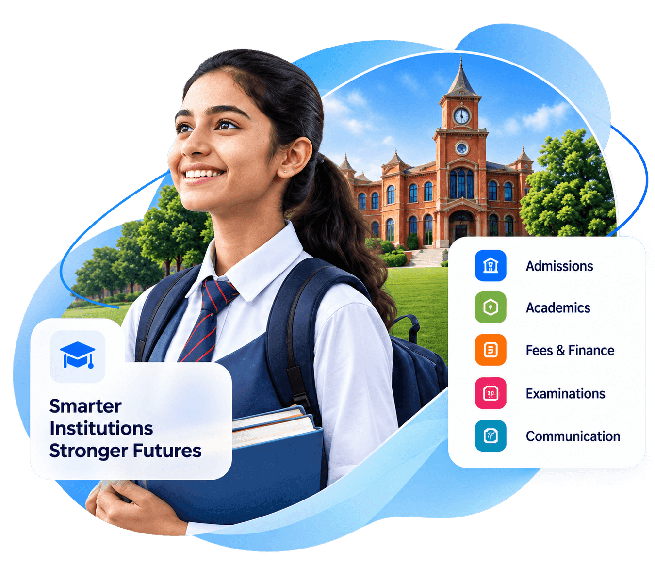 A student on campus with EduVision modules — Admissions, Academics, Fees & Finance, Examinations and Communication