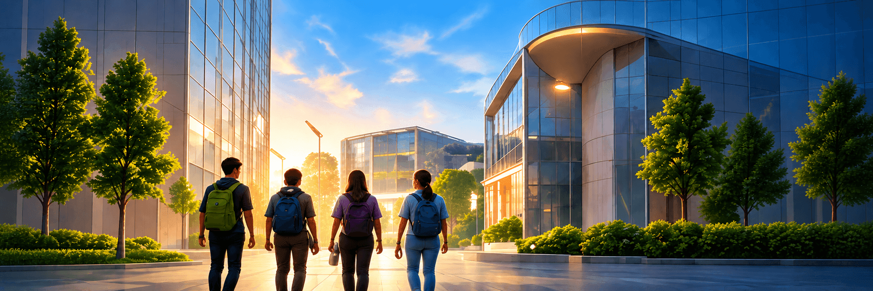 Students walking toward a modern campus at sunset